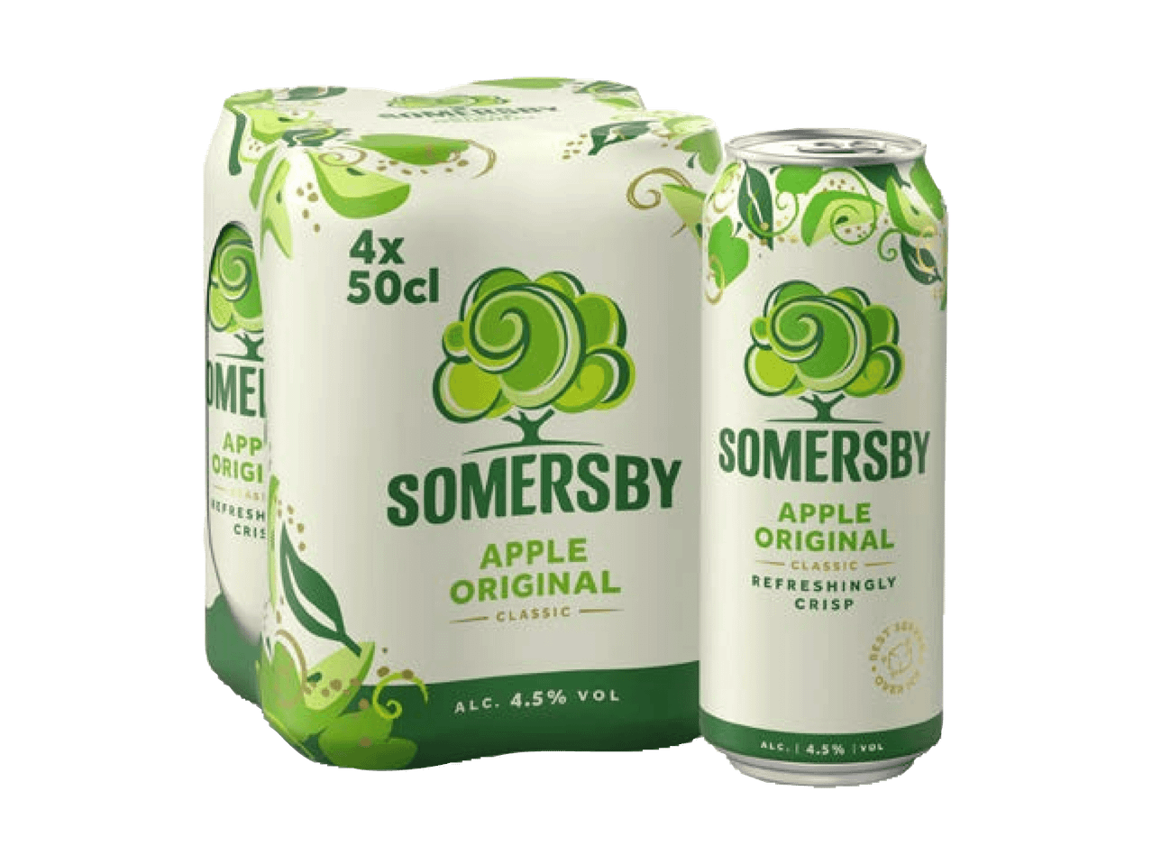 4er-Pack Apfelwein-Dosen à 50cl, mit einer einzelnen Dose im Vordergrund.