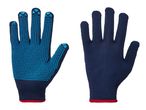 Pair of blue and teal work gloves with maroon cuffs.