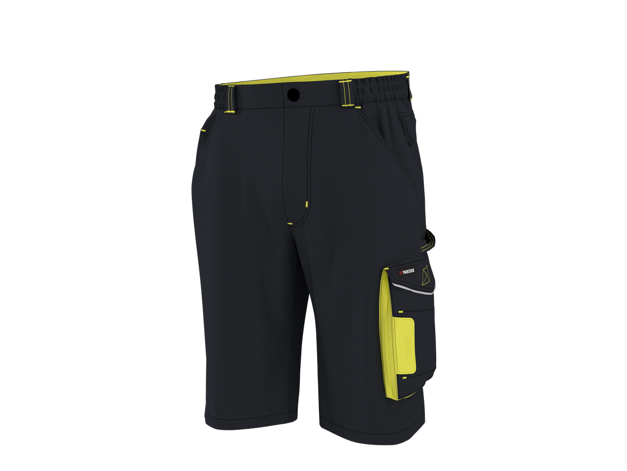 Pantaloni scurți de lucru negri cu accente galbene și buzunare laterale.