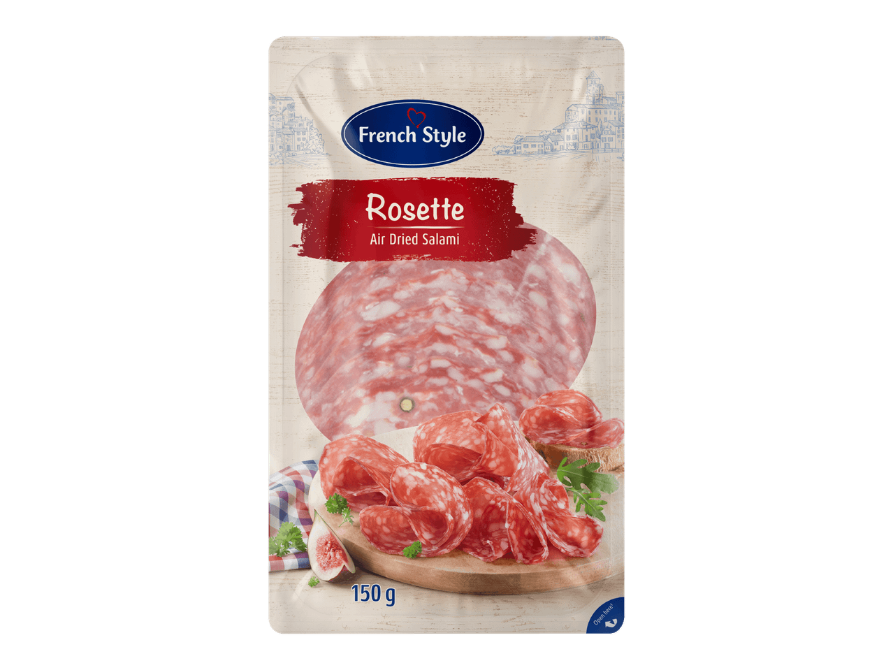 Ilmakuivattua salamia, Rosette-tyyppistä, 150 g pakkauksessa.