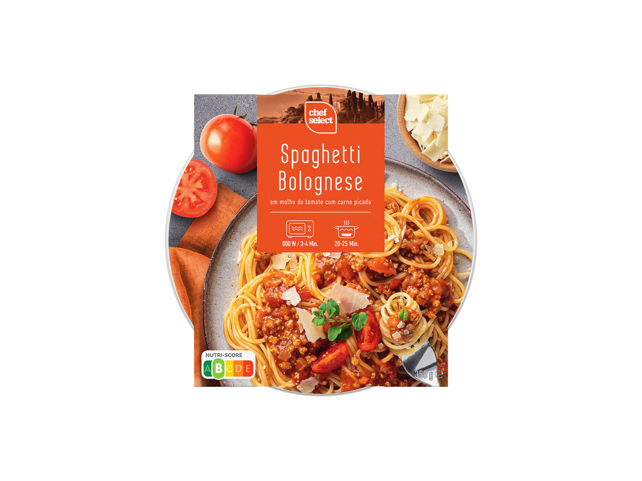 Prato pronto Chef Select Spaghetti Bolognese em bandeja própria para microondas.