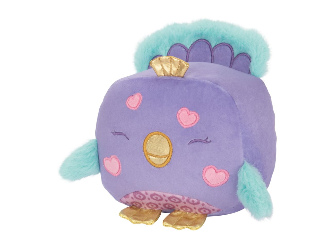 Purple plush toy with a gold crown, heart details, and teal fluffy accents.