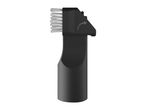 Black vacuum cleaner brush attachment with white bristles and an arrow symbol.