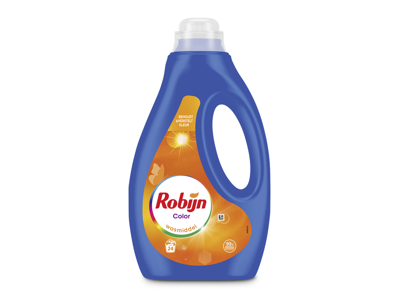 Fles wasmiddel voor gekleurde was met de tekst 'behoudt & herstelt kleur' en 'wasmiddel'.