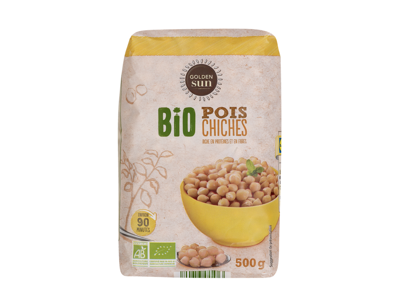 Pois chiches biologiques Golden Sun dans un emballage de 500g.