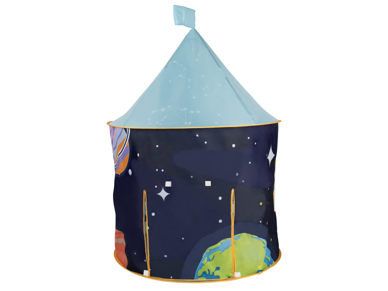 Детска палатка за игра с космическа тема, със звезди, планети и съзвездия.