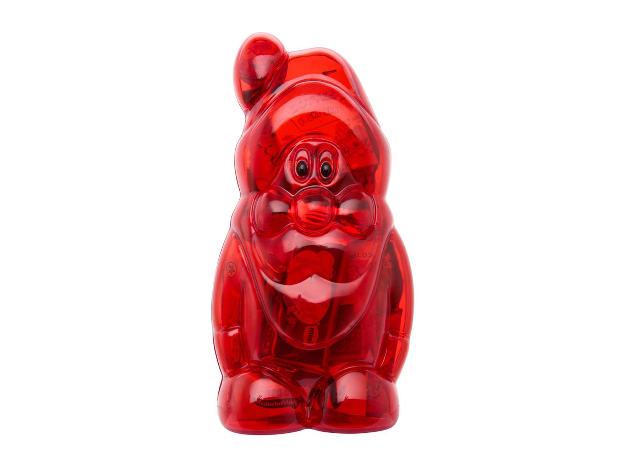 Red transparent Santa Claus candy dispenser filled with small candies.