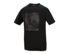 T-shirt noir avec un motif de perceuse et des textes techniques sur le devant.