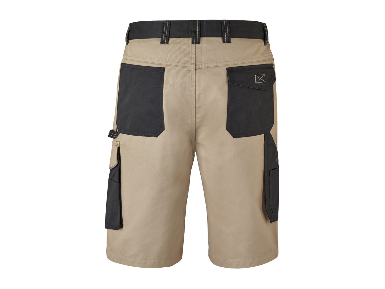Beige work shorts with dark gray reinforced pockets.