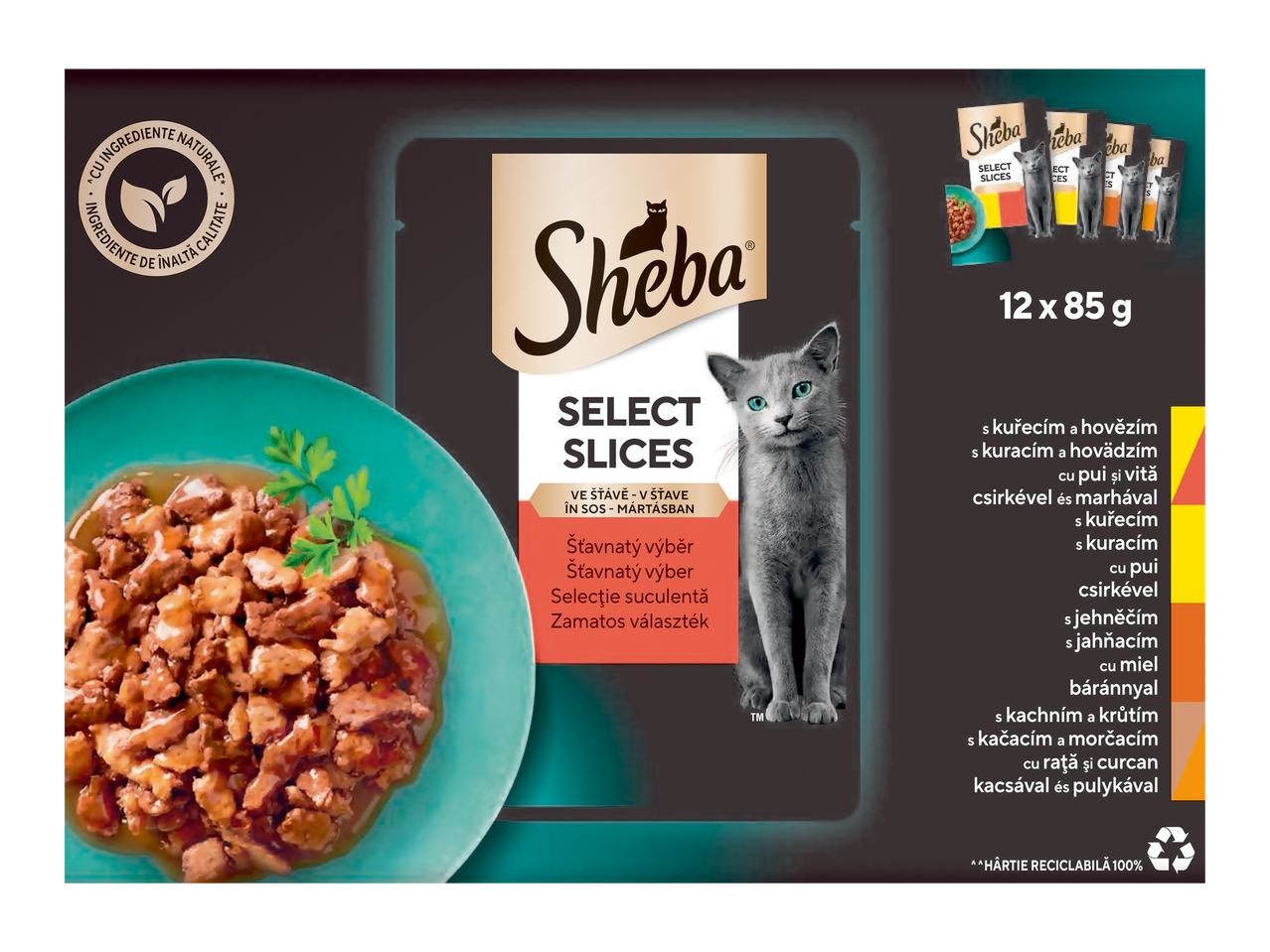 Pachete de hrană umedă pentru pisici cu diverse arome, cu ingrediente naturale.