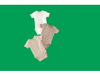 Three neutral-colored baby bodysuits, one white and two beige, arranged diagonally on a green background.