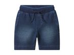 Dark blue denim shorts with an elasticated waistband and drawstring.