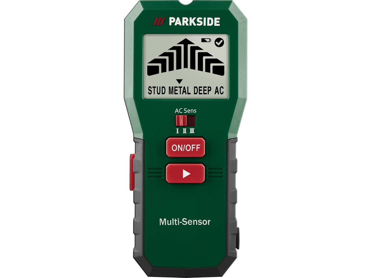 Detector multifunções verde com ecrã e botões vermelhos.