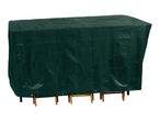 Dark green rectangular garden furniture cover over a wooden table