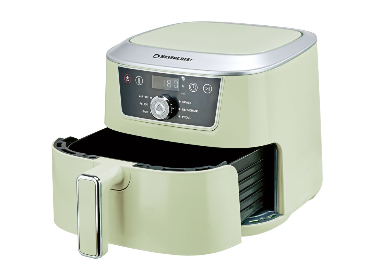 Light green air fryer with a digital display showing 180 degrees Celsius, and a pull-out basket.