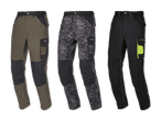 Drei Arbeitshosen in Khaki, Tarnmuster und Schwarz.