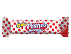 Piros pöttyös csomagolású óriás túródesszert fehér háttér előtt.
