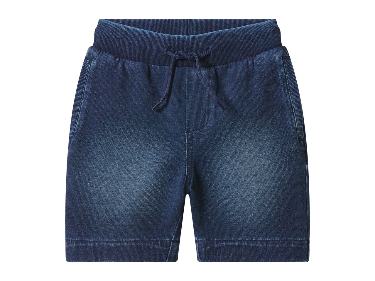 Dark blue denim shorts for children with an elasticated waist and drawstring.