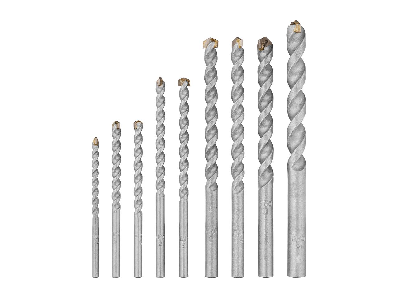 A set of nine masonry drill bits of varying sizes, arranged from smallest to largest.