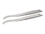 Two gray CRKT  tools with serrated edges and textured handles.