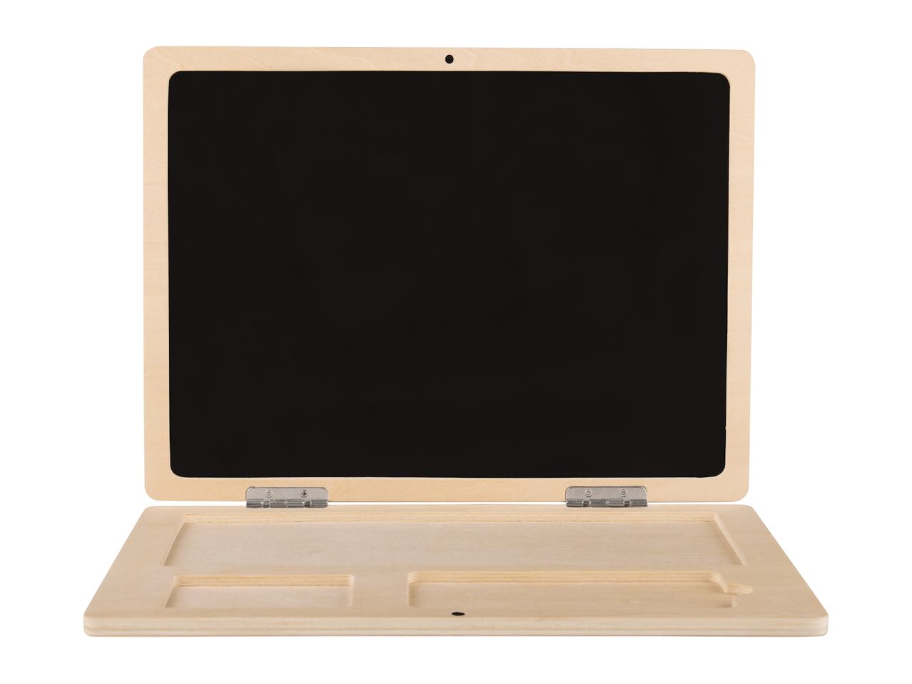 An open wooden chalkboard with a black writing surface and a storage compartment.