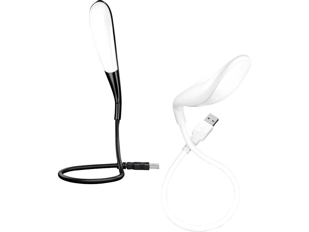 Två vita USB-lampor, en stående och en böjd, på svart bakgrund.