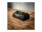 Black dual battery charger with green indicator lights on a wooden surface.