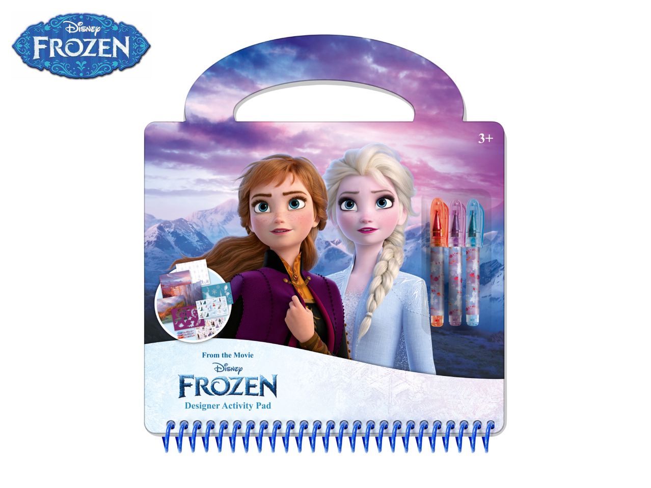 Frozen activity pad with Anna and Elsa, three glitter pens, and a 3+ age rating.