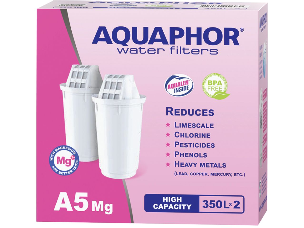 Кутия с филтри за вода Aquaphor, показваща два филтъра и техните характеристики.