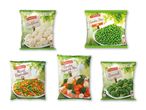 Fem poser frosne grøntsager fra Freshona, herunder blomkål, ærter, blandede grøntsager, landblanding og broccoli.