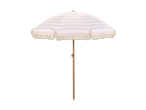 Ein beige-weiß gestreifter Sonnenschirm mit Holzstiel.