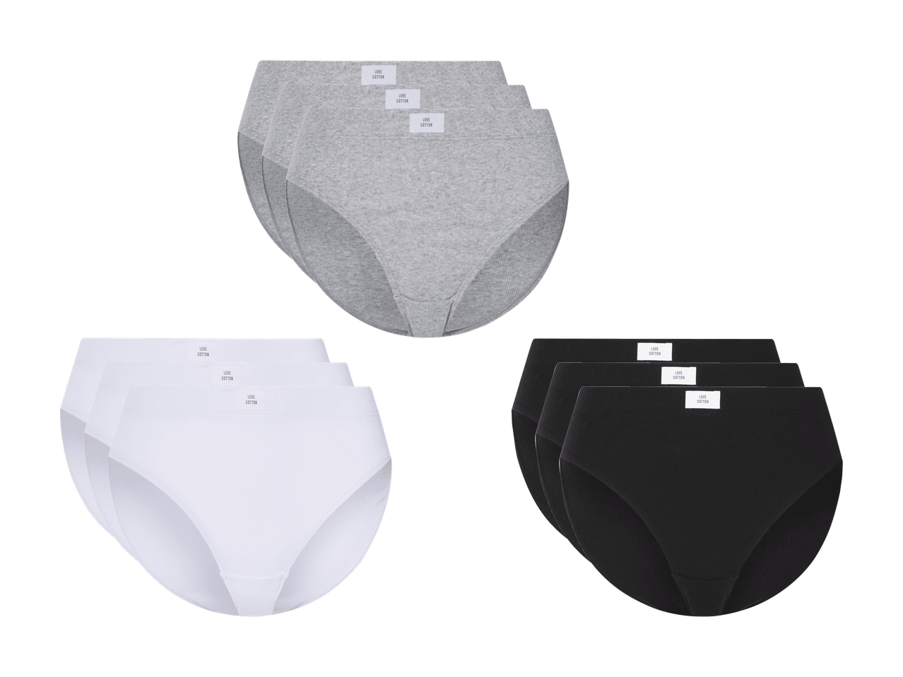 Multipacks von Damen-Slips aus Baumwolle in Grau, Weiß und Schwarz.