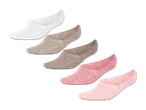 Fünf Paar Damensocken in Weiß, Beige und Rosa.