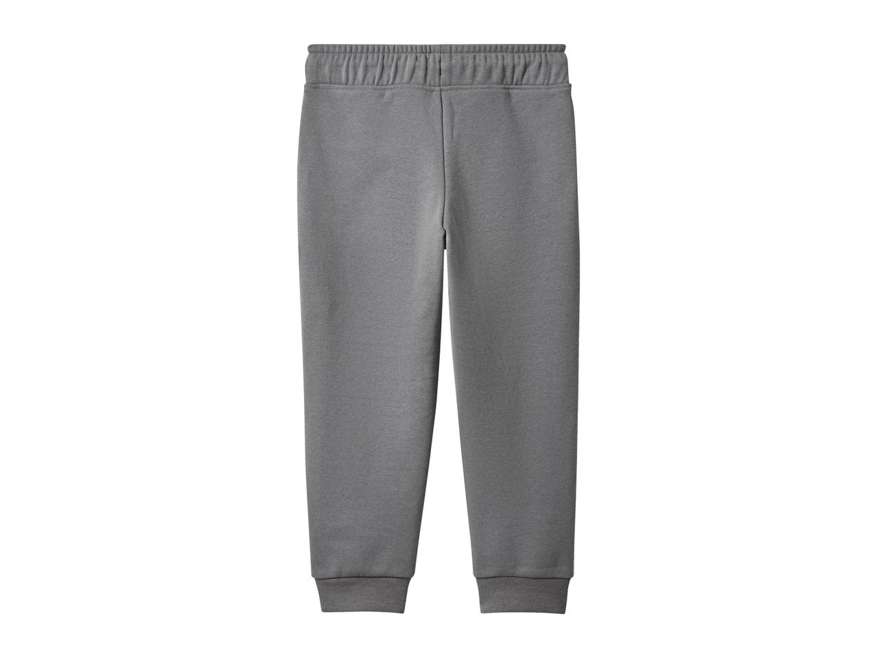 Gray sweatpants with an elastic waistband and ribbed cuffs.
