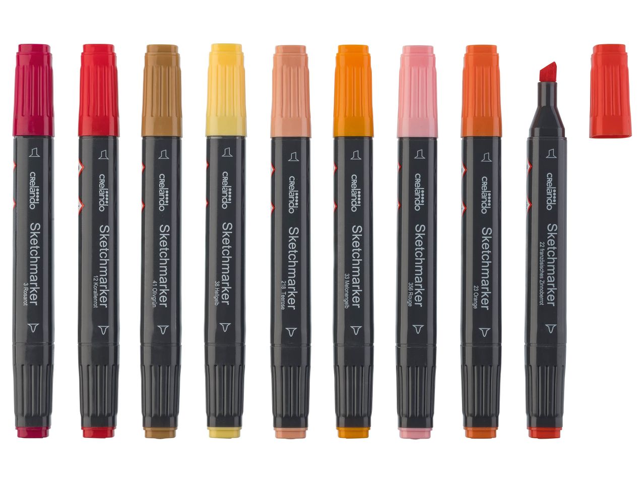 A set of ten colorful Crelado Sketchmarkers in various shades, including red, orange, yellow, and pink.