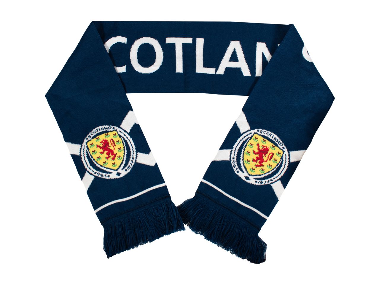 Dark blue knitted scarf with 'SCOTLAND' text and Scottish crest with a red lion.
