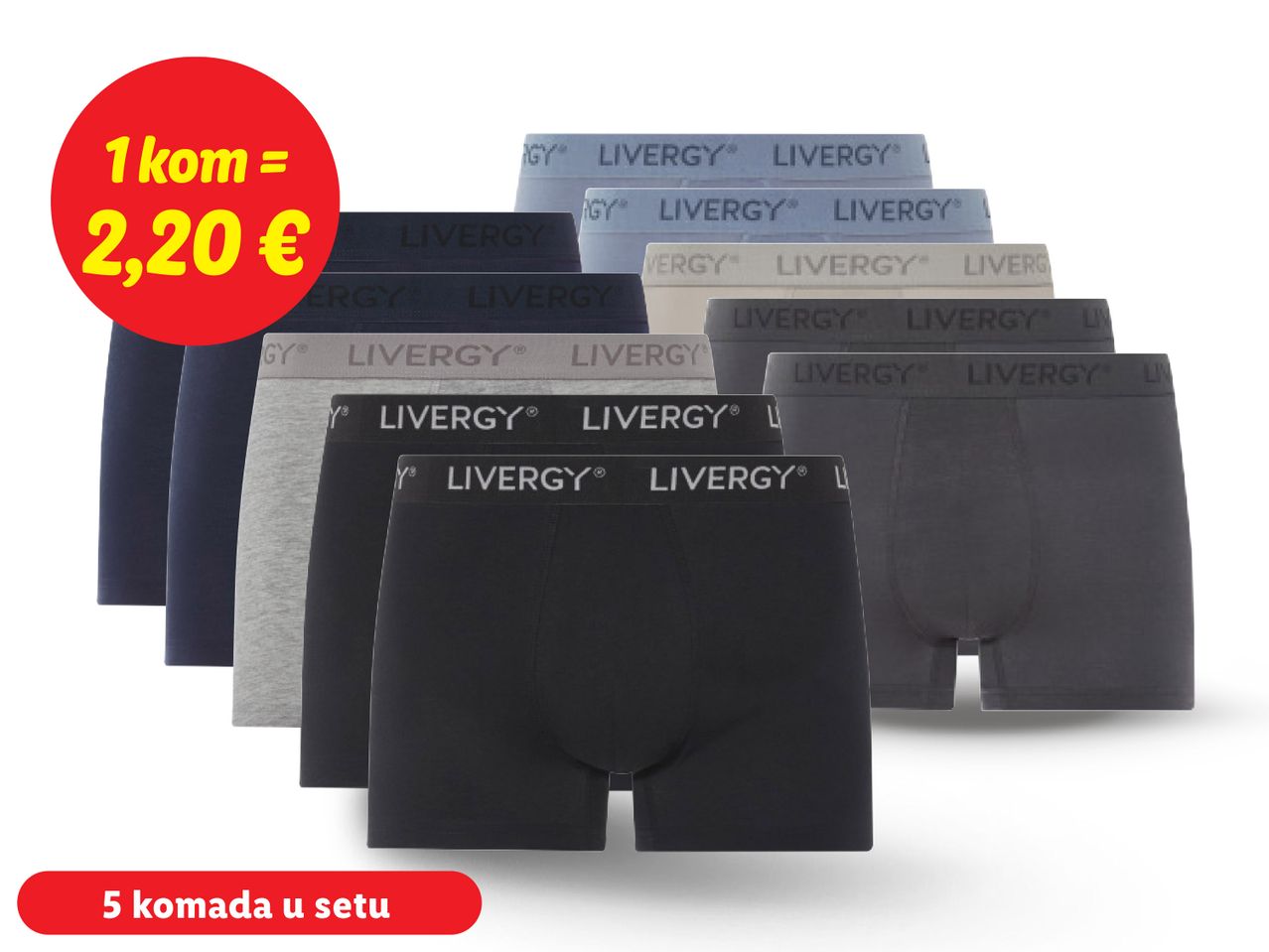 Set od 5 Livergy muških bokserica u različitim bojama.
