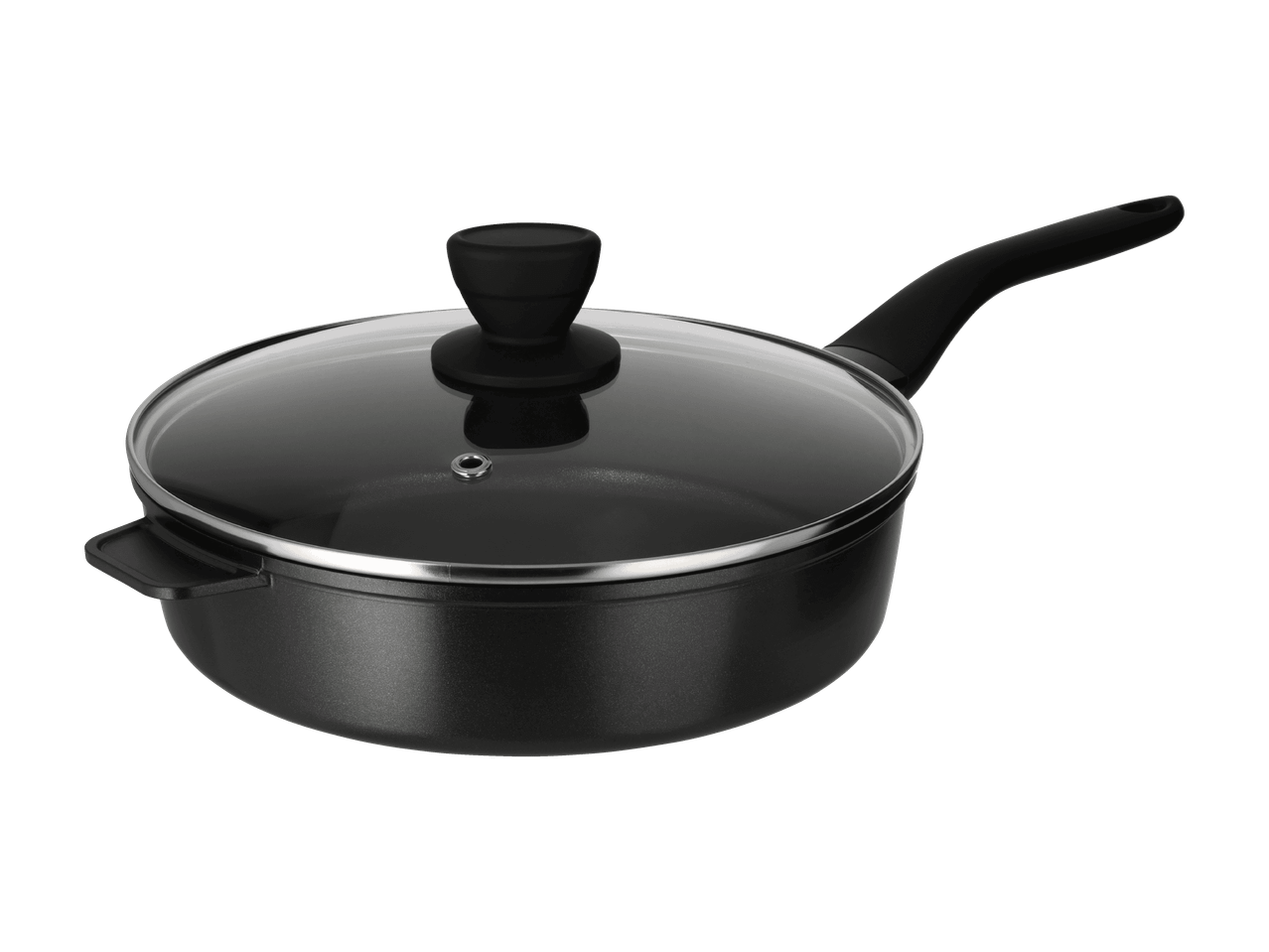 Poêle noire avec couvercle en verre et longue poignée, vue de dessus.