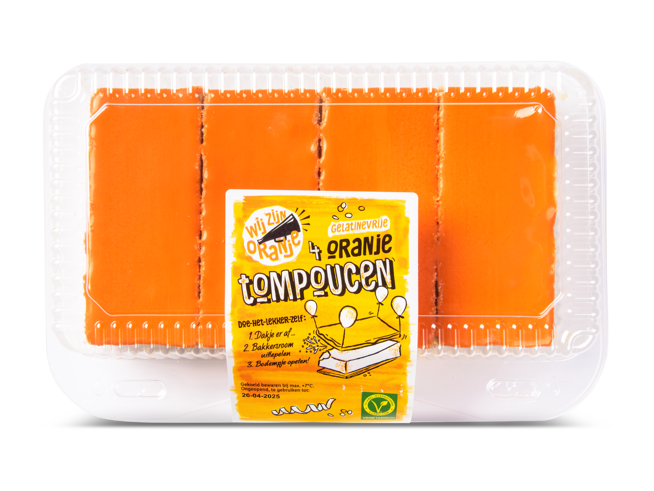 Een verpakking met vier oranje tompoucen, gelatinevrij en vegetarisch, met instructies om ze zelf te bereiden.