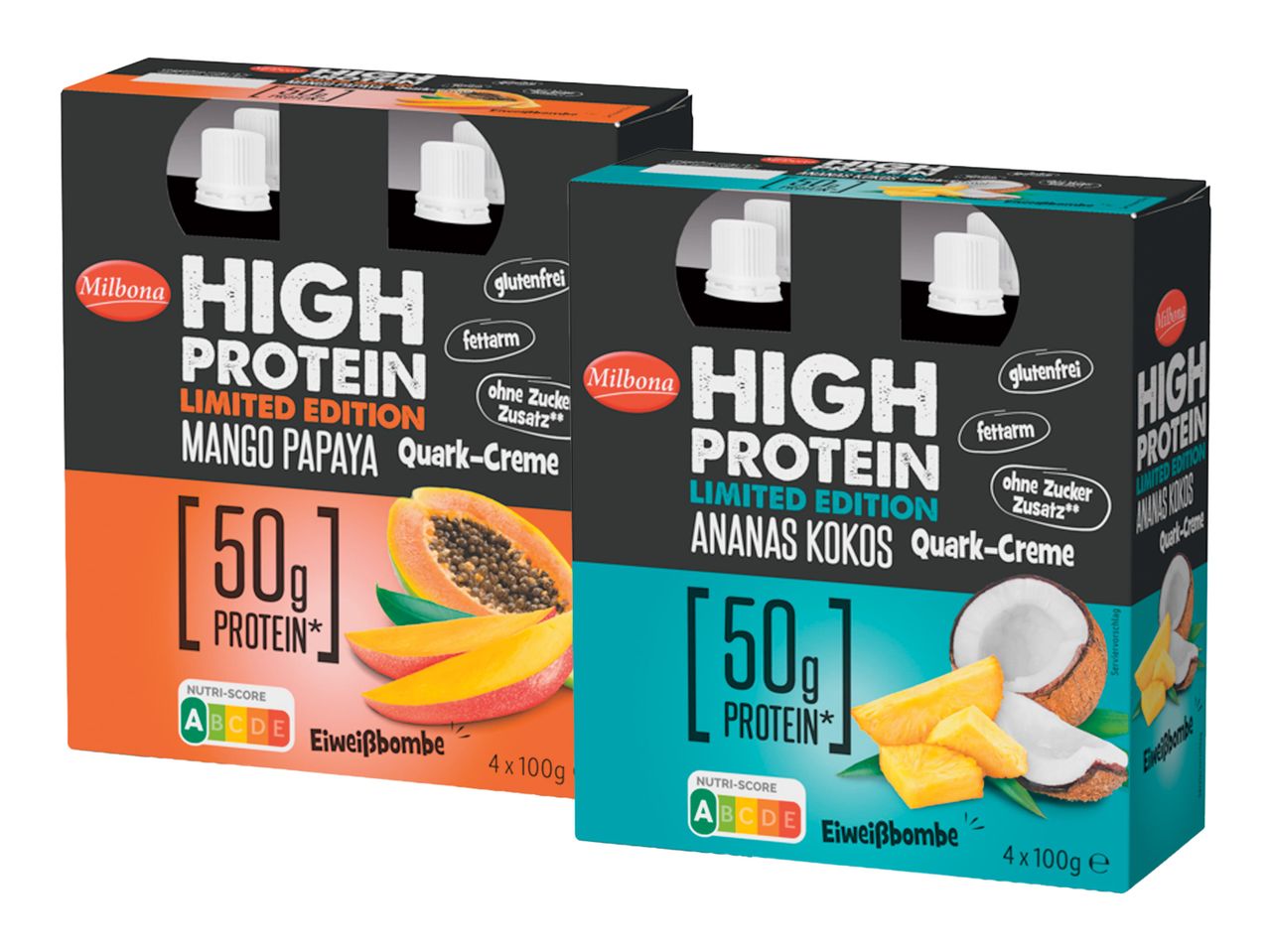 Două cutii Milbona High Protein ediție limitată, cu arome de mango-papaia și ananas-cocos.