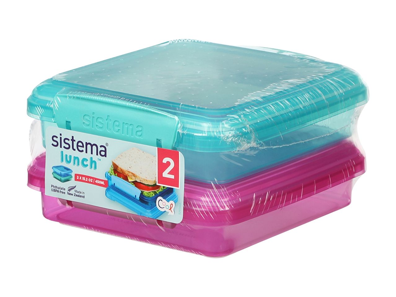 To Sistema Lunch madkasser i blå og pink, stablet oven på hinanden.