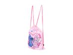 Pink drawstring bag with Stitch and Angel characters, hearts, and stars.
