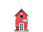 Red birdhouse with flowers and decorative details.