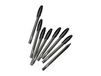 Seven black Crelando ballpoint pens arranged in a fan shape.