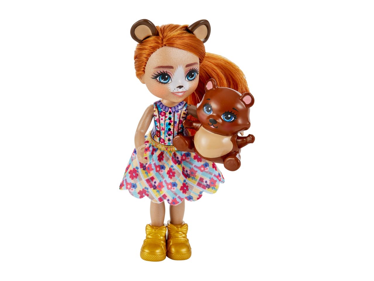 Enchantimals doll with fox ears and a brown bear plush toy.