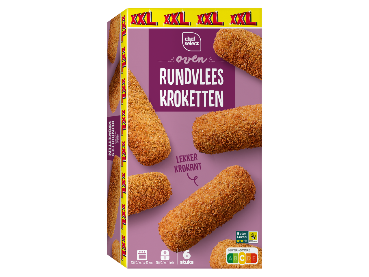 Verpakking van Chef Select oven rundvlees kroketten met 6 stuks en Nutri-Score.