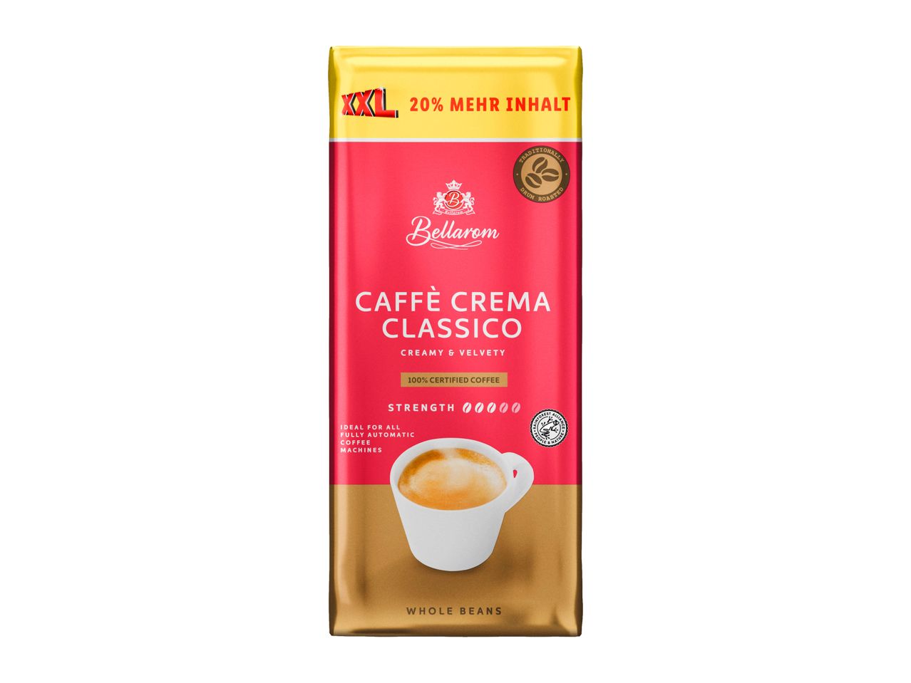 Bellarom Caffè Crema Classico whole bean coffee, XXL size, 20% more content.