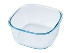Empty square glass baking dish with blue-tinted edges
