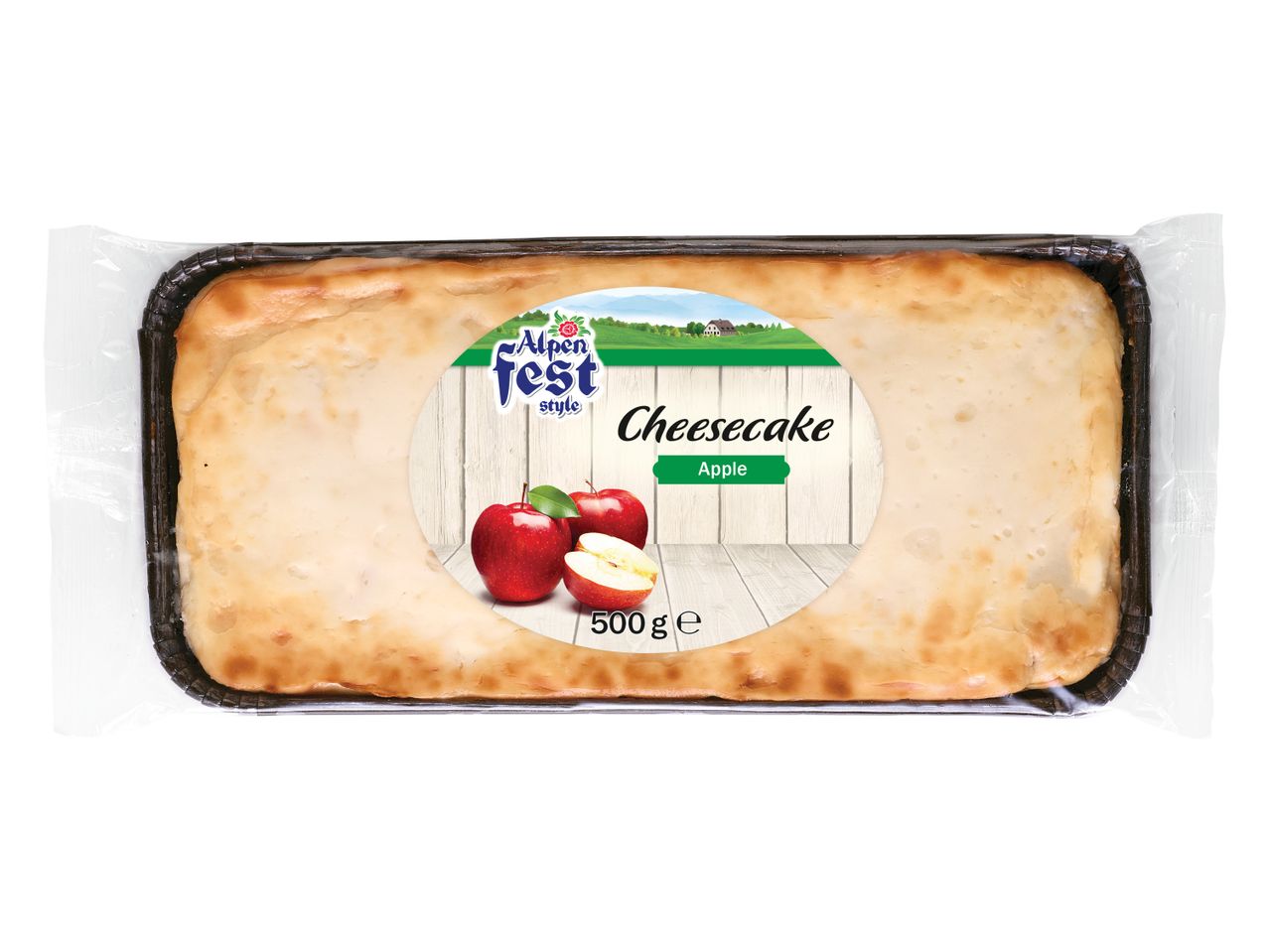 Pakiran jabolčni cheesecake Alpenfest v črnem pekaču s prozorno folijo.