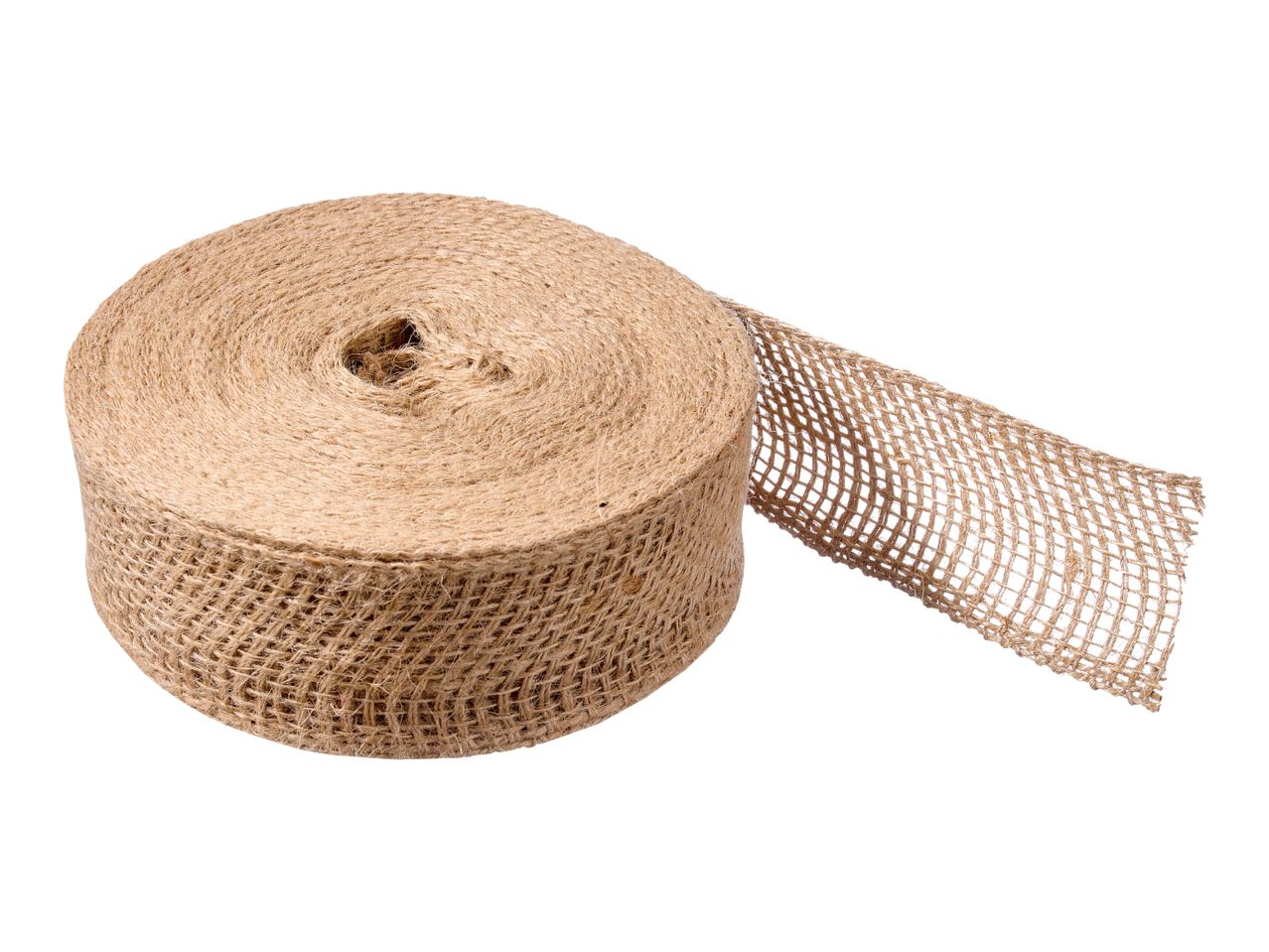 A roll of natural brown jute ribbon on a white background